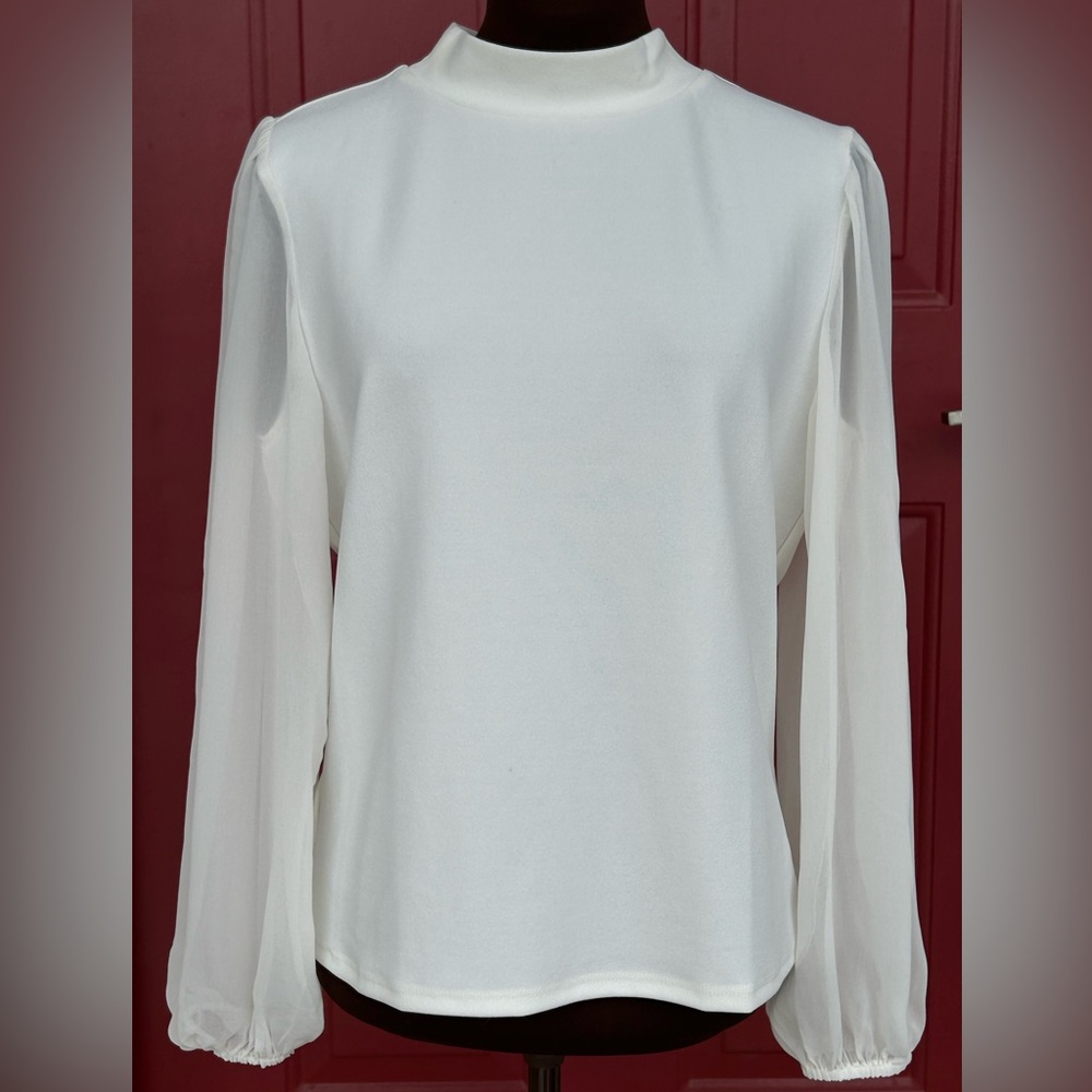 NWT ANN TAYLORsM elegant ivory top-mock neck-sheer sltly puffed slv-elastic cuff